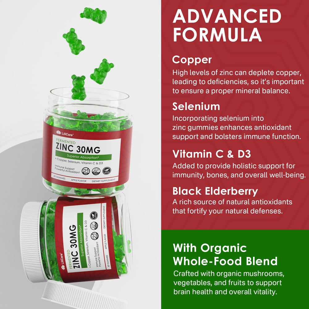 LILICARE Zinc Gummies elderberry boost panel for antioxidant defense.