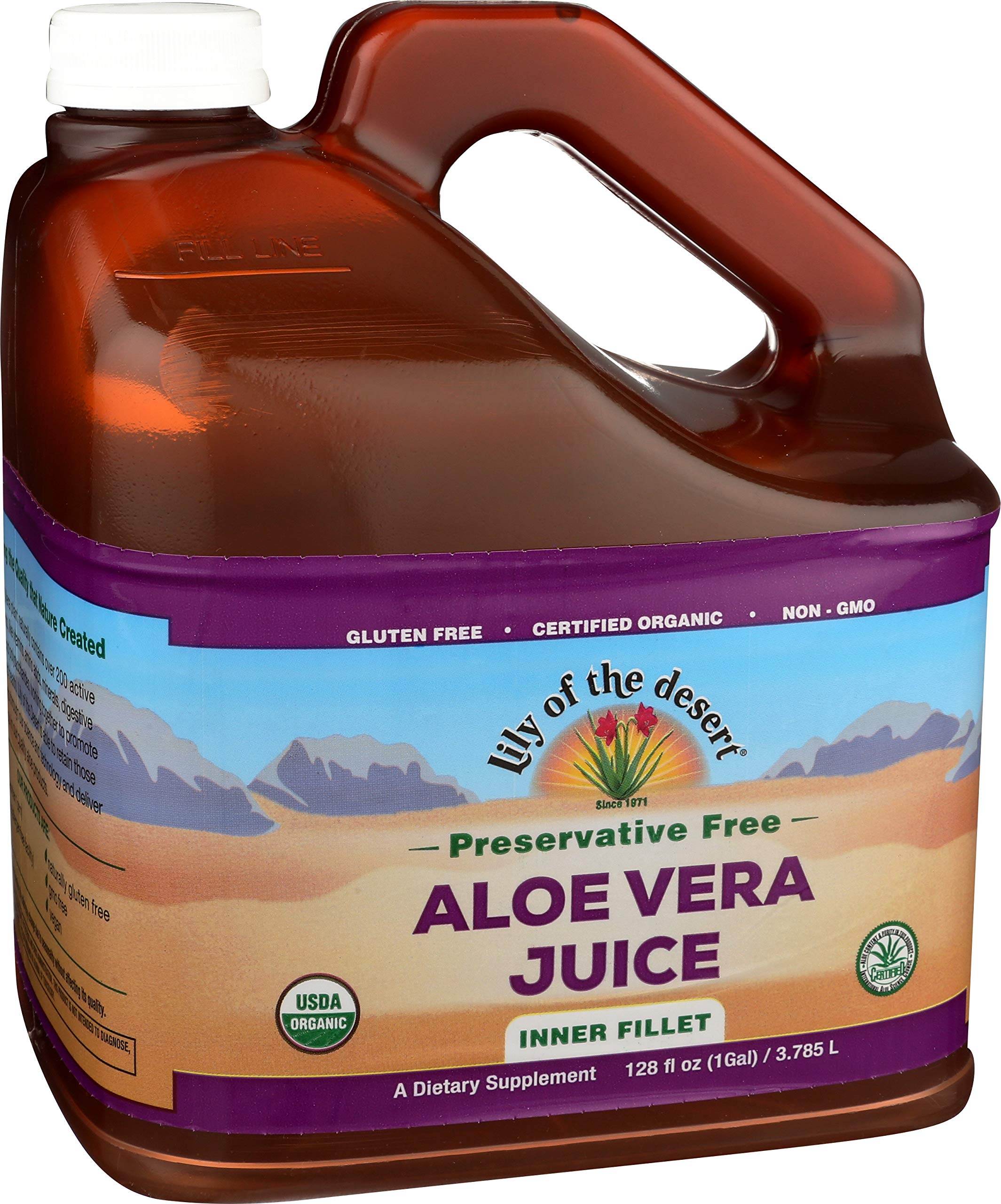 Lily of the Desert Aloe Vera Juice bottle cap open, easy daily dosing.