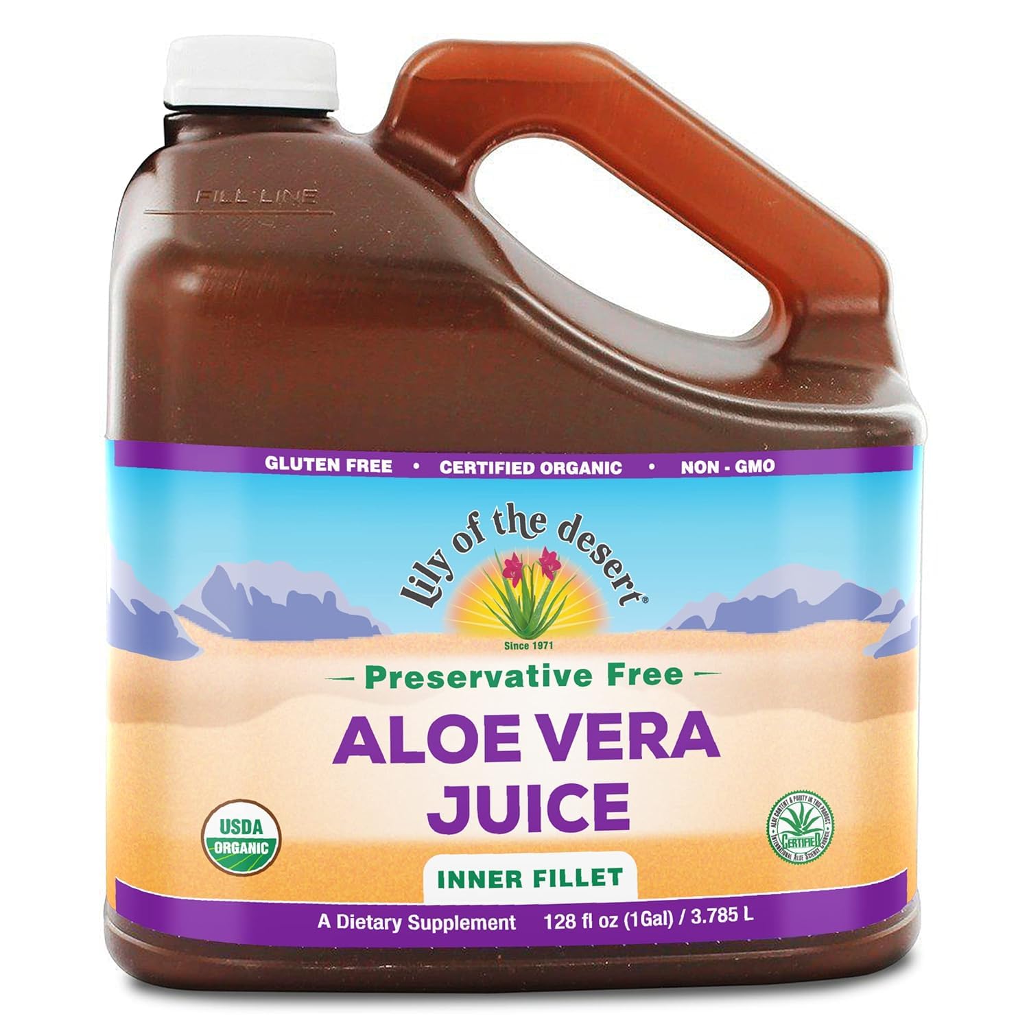 Lily of the Desert Aloe Vera Juice bottle front view for daily wellness.
