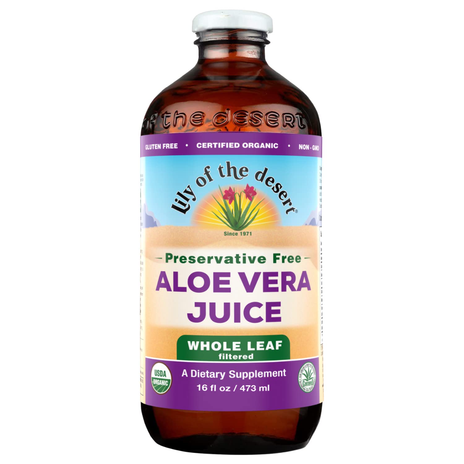 Lily of the Desert aloe vera juice bottle on kitchen counter promoting holistic wellness