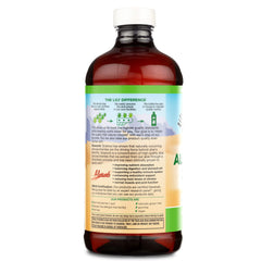 Lily Of The Desert Aloe Juice label closeup highlights purity and specifications.