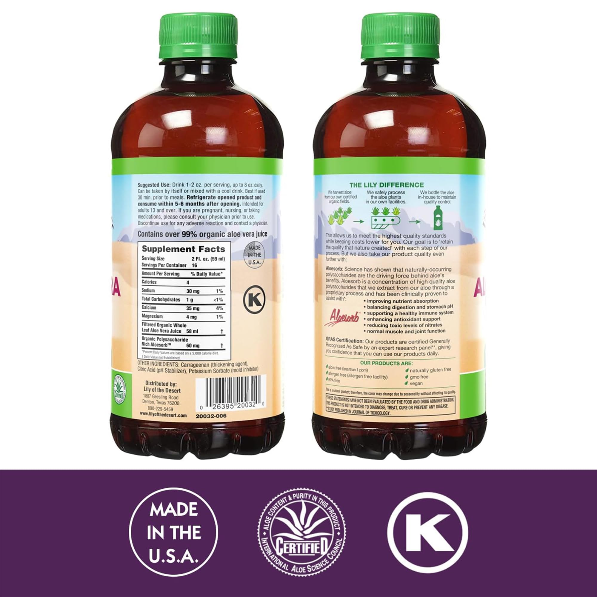 Close-up of Lily Of The Desert Aloe Vera Juice label with Aloesorb detail