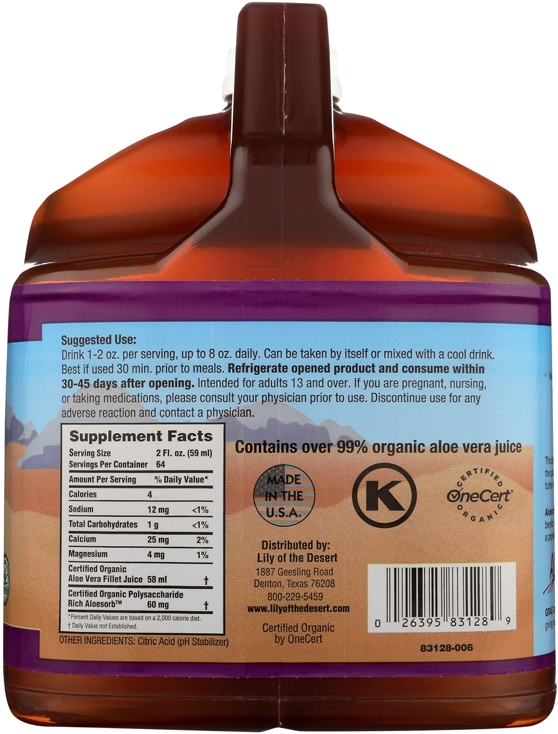 Lily of the Desert Aloe Vera Juice measuring cup included for portions.