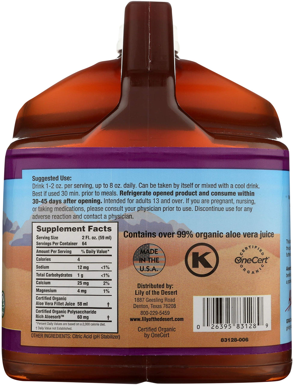Lily of the Desert Aloe Vera Juice measuring cup included for portions.