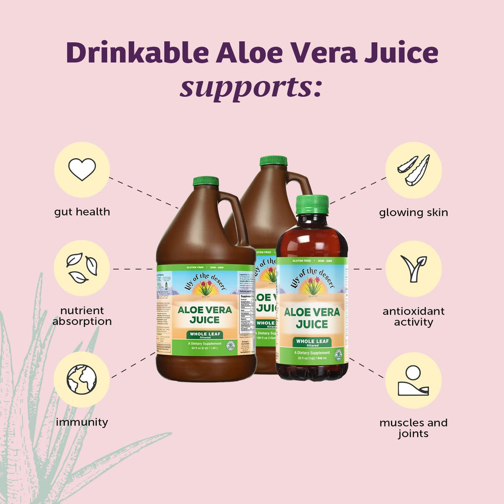 Lily of the Desert aloe juice pours into a glass for a refreshing drink