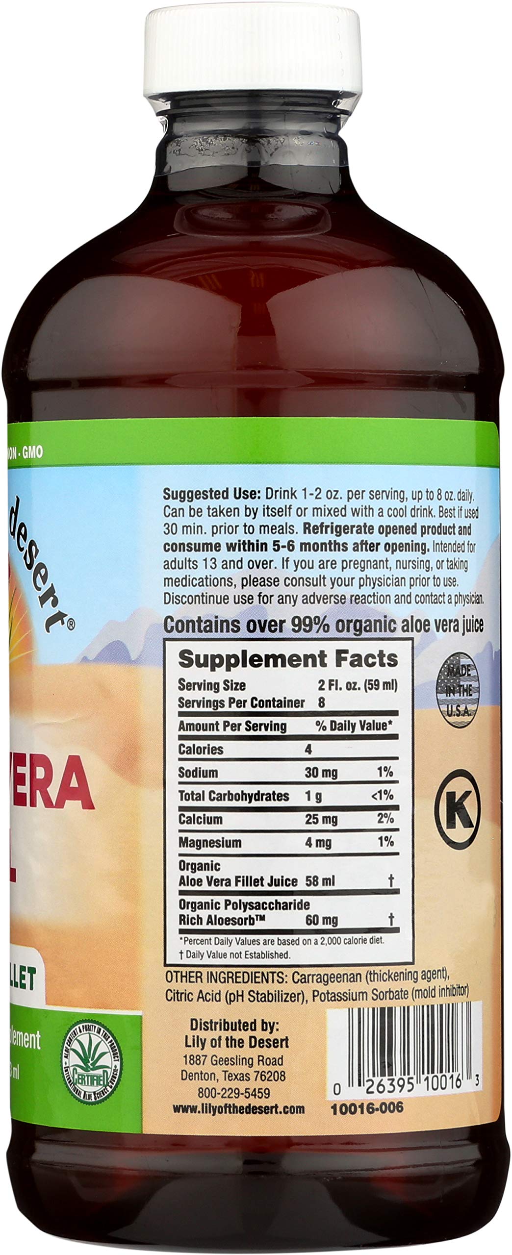 Close-up of Lily of the Desert Aloe Vera Gel label highlighting purity.