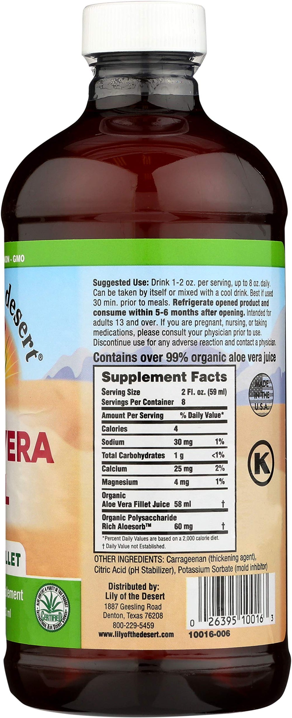 Close-up of Lily of the Desert Aloe Vera Gel label highlighting purity.