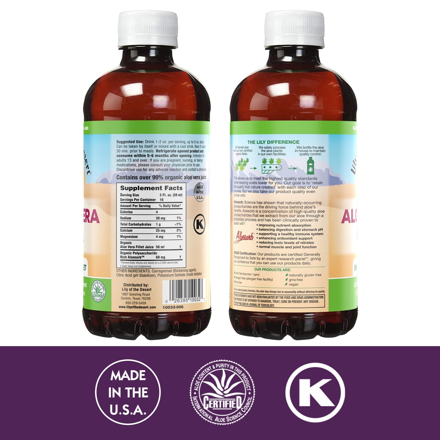 Lily Of The Desert bio-active aloe juice bottle on display for daily hydration