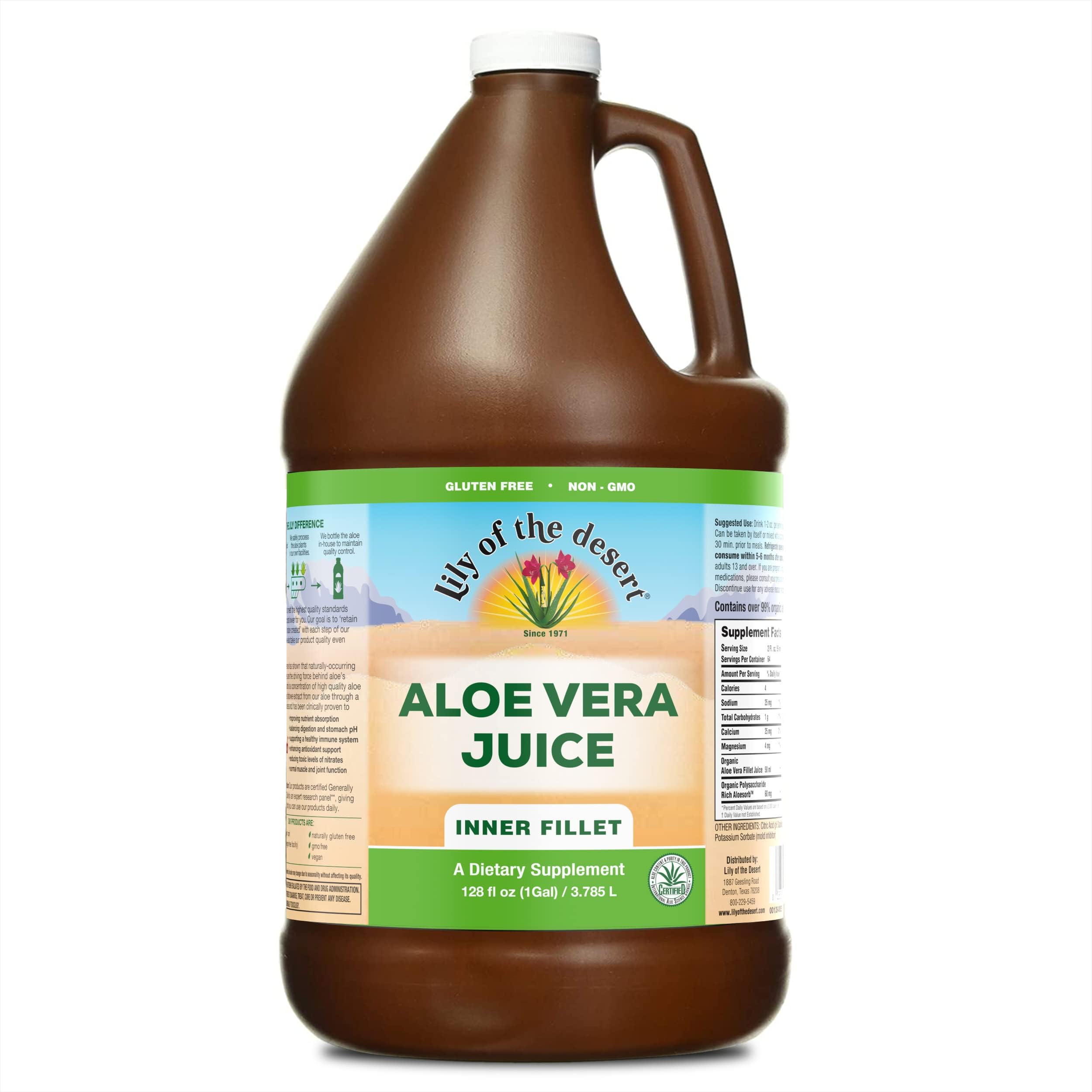 Lily of the Desert inner-fillet aloe vera juice bottle for daily gut health support.