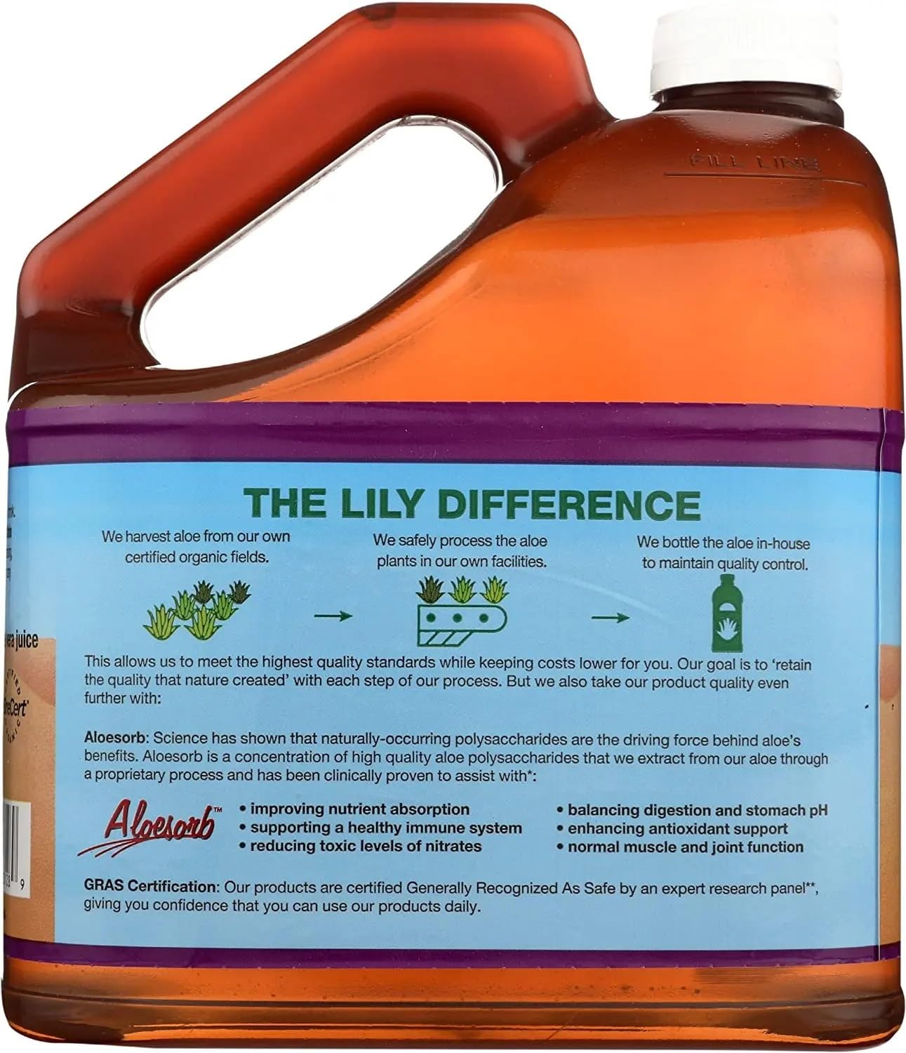 Lily Of The Desert preservative-free aloe vera 1 gal label closeup showing purity