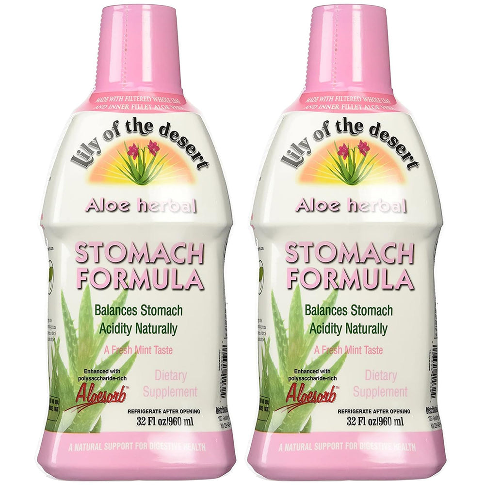 Lily of the Desert stomach formula bottle shows organic aloe vera for gentle gut support.