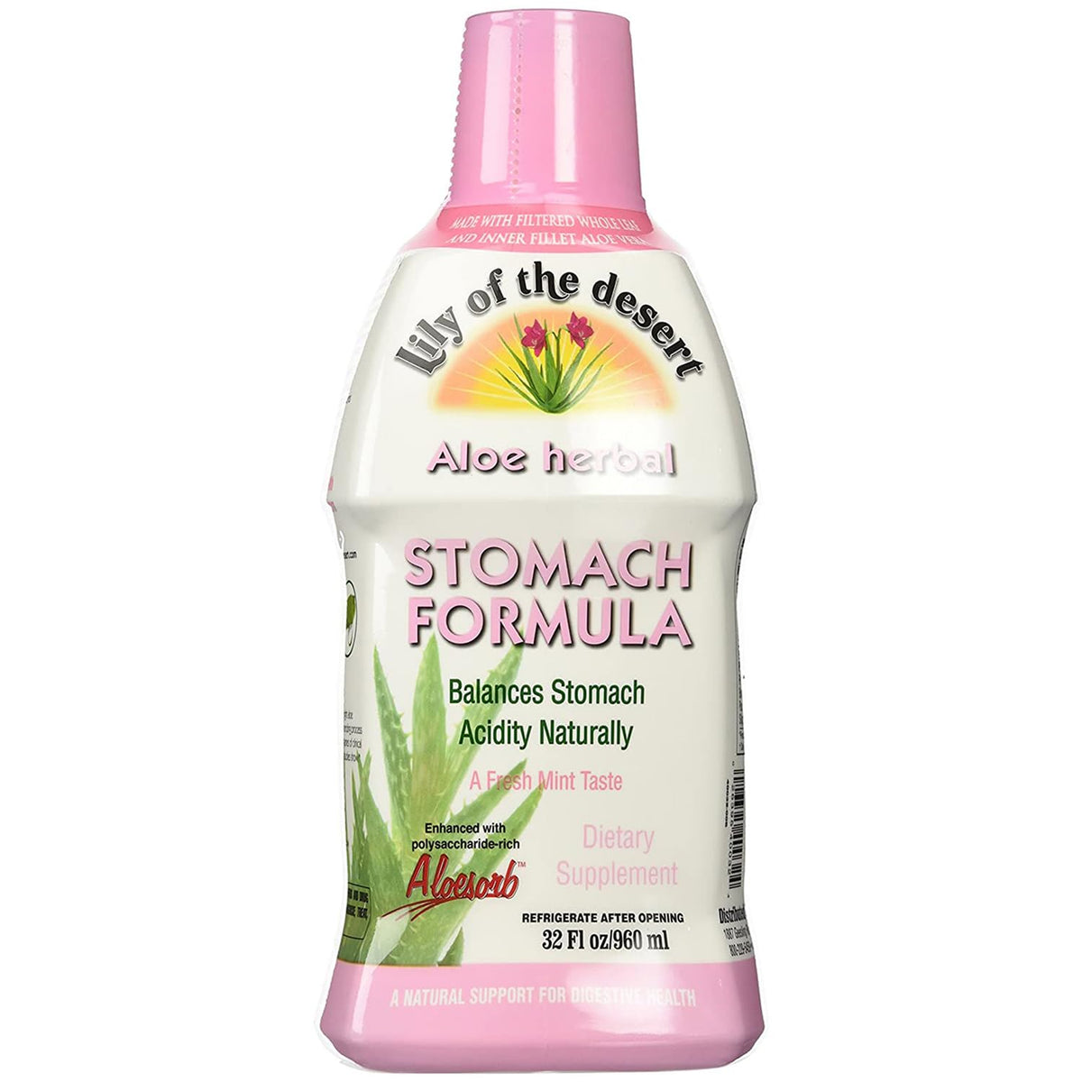 Lily of the Desert Stomach Formula bottle showing natural aloe blend for gut support