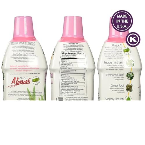 Lily of the Desert label close-up highlights Aloesorb and herbal blend.