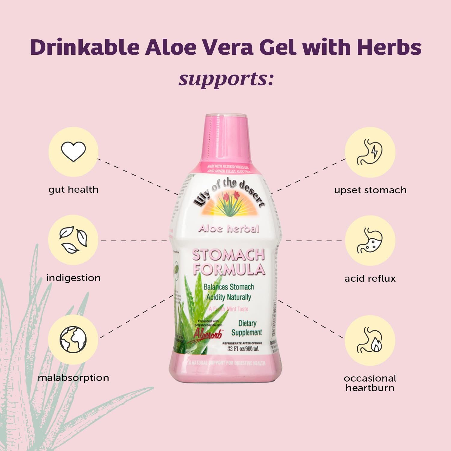 Lily of the Desert Stomach Formula label highlights Aloesorb for bio-active benefits