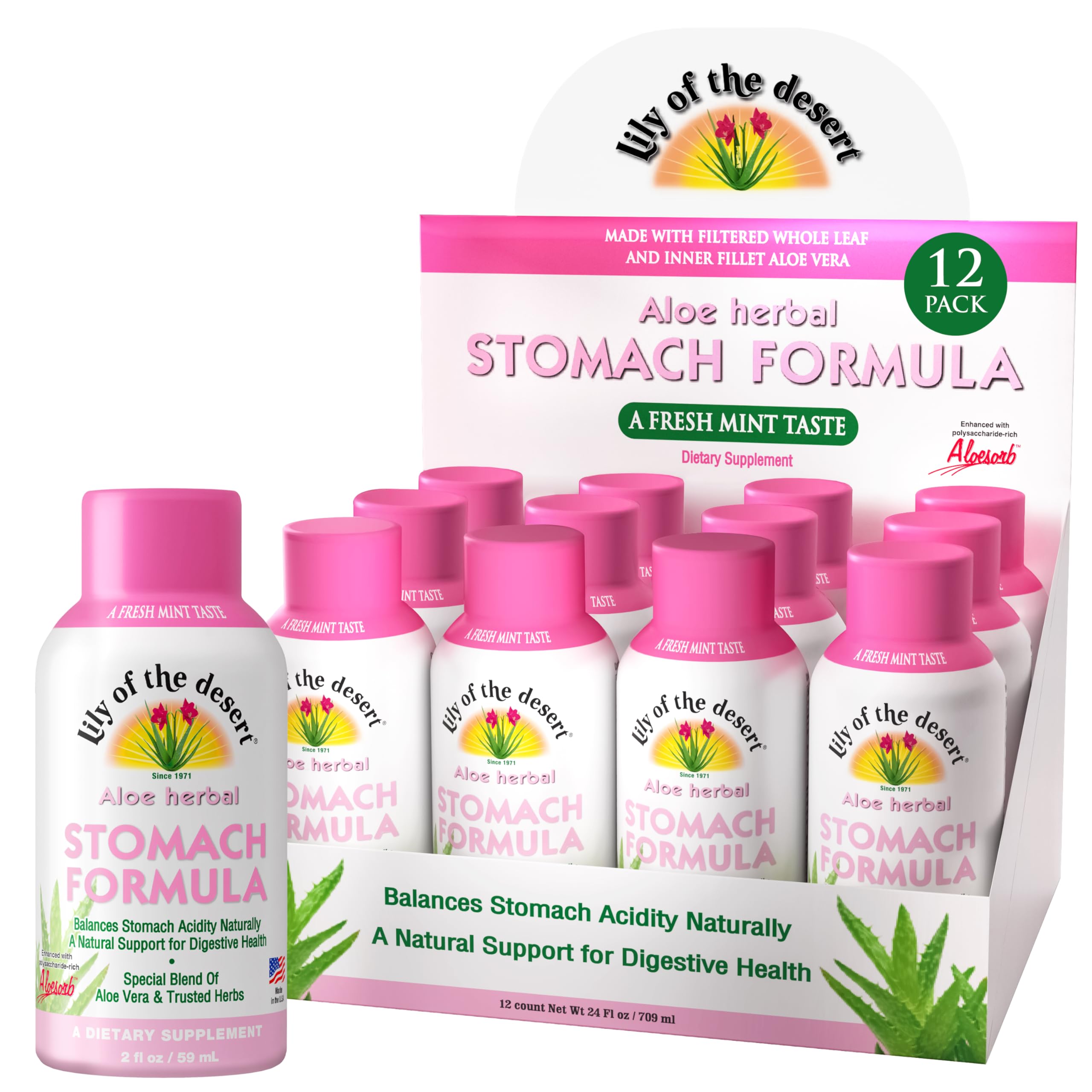 Lily of the Desert stomach shot bottle front shows on-the-go digestive support