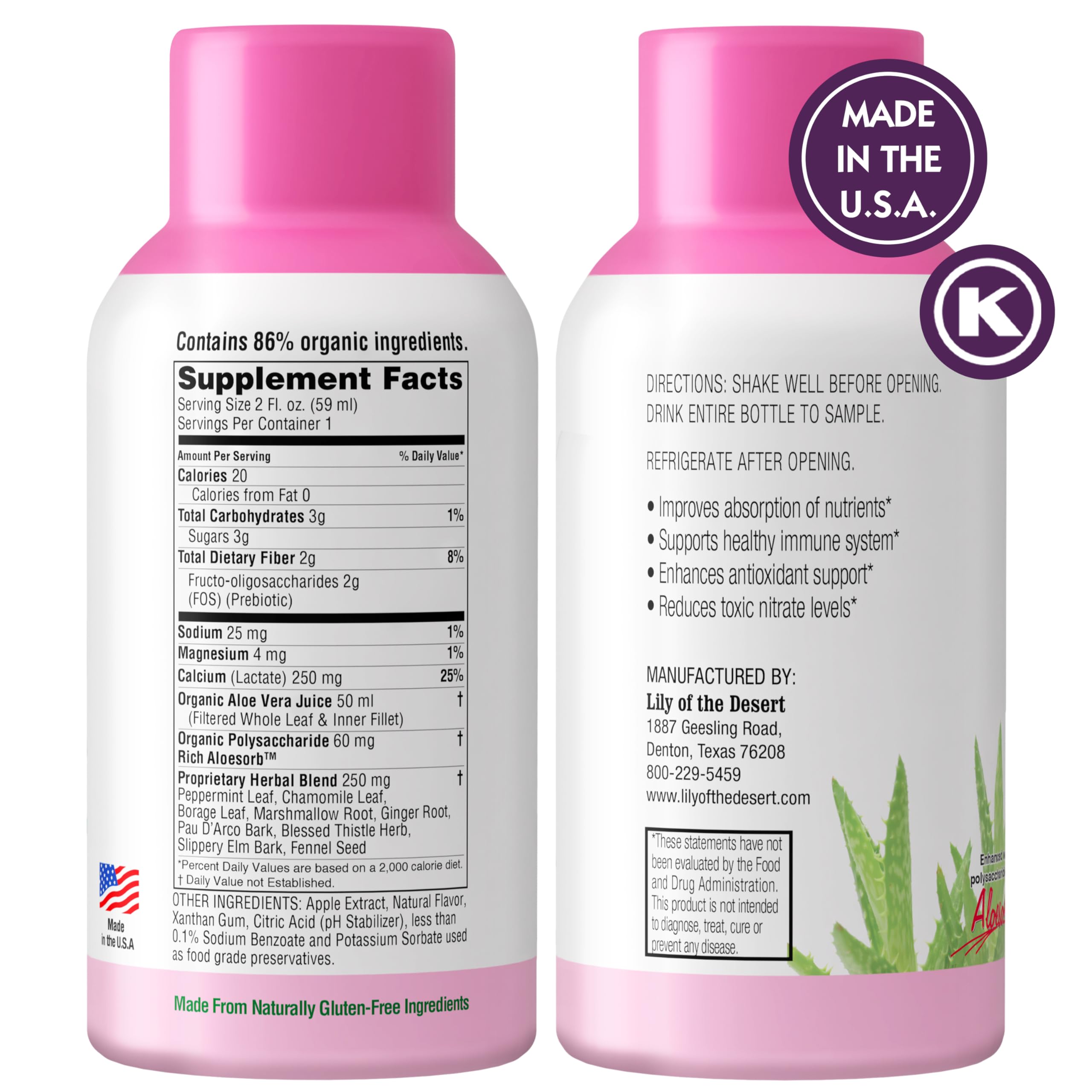 Lily of the Desert stomach shot label closeup highlights organic aloe health benefits