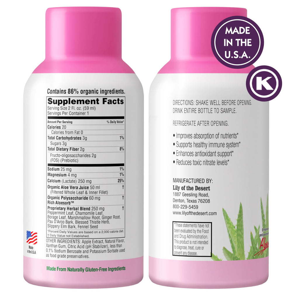 Lily of the Desert stomach shot label closeup highlights organic aloe health benefits