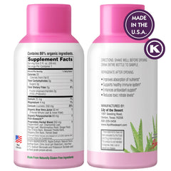 Lily of the Desert stomach shot label closeup highlights organic aloe health benefits