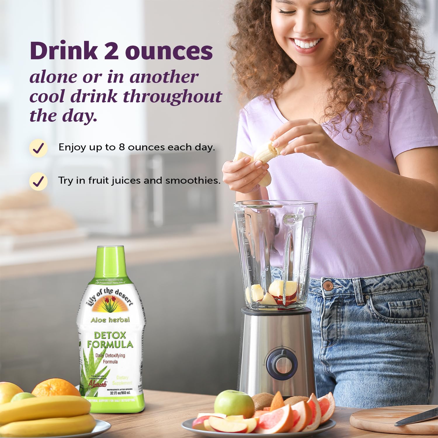 Lily of the Desert Aloe Detox bottle with juice illustrates versatile wellness.