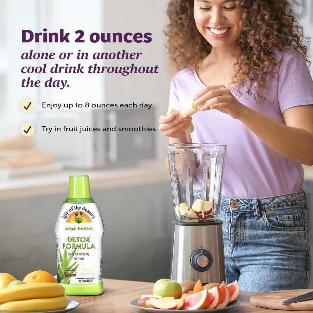 Lily of the Desert Aloe Detox bottle with juice illustrates versatile wellness.