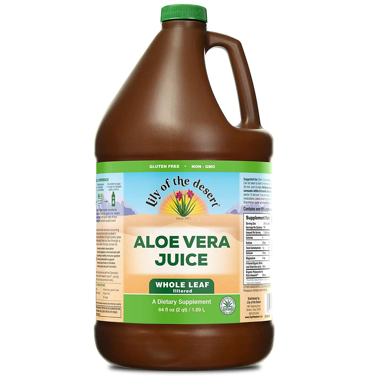 Lily Of The Desert Aloe Vera Juice bottle front, whole-leaf formulation for wellness.
