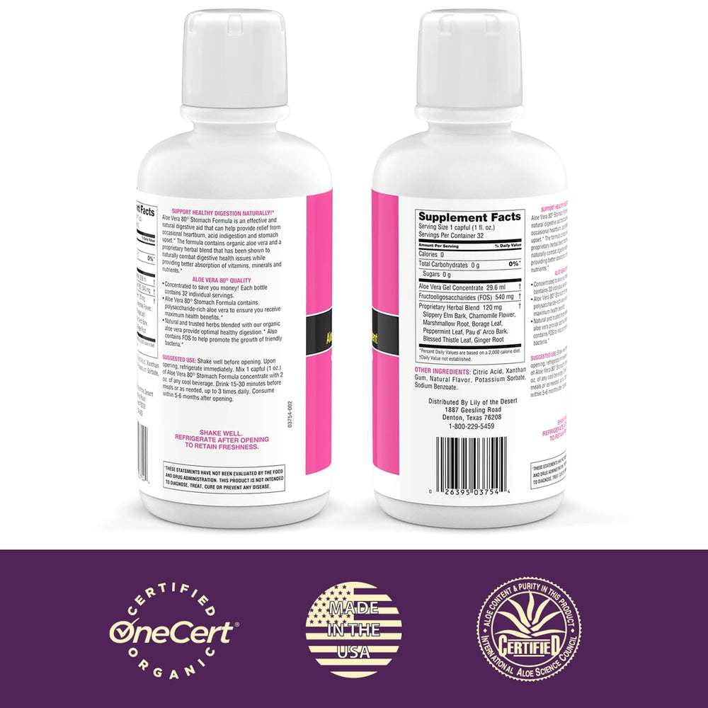 Lily Of The Desert Aloe Vera 80 bottle closeup highlighting label and packaging