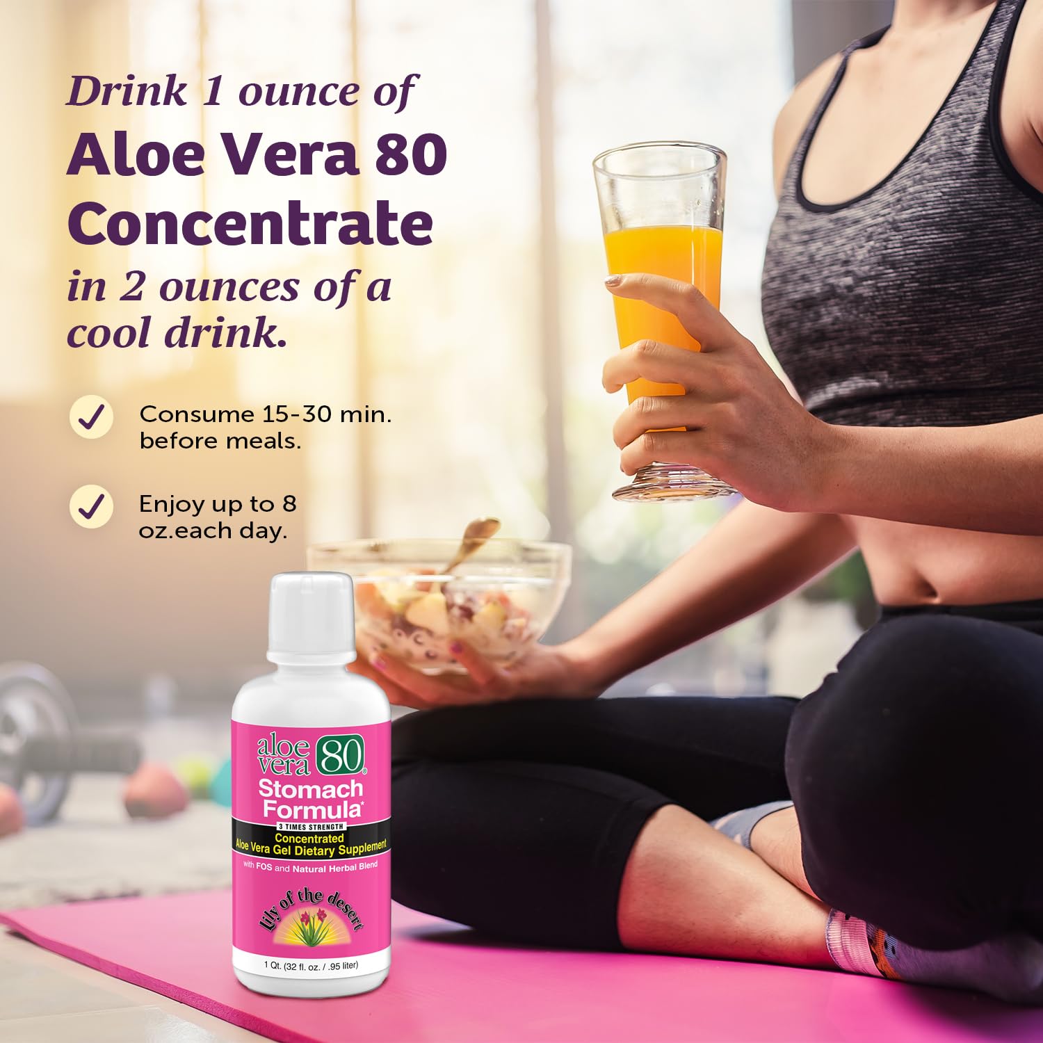 Lily Of The Desert Stomach Formula bottle with dosing guide for easy pre-meal use