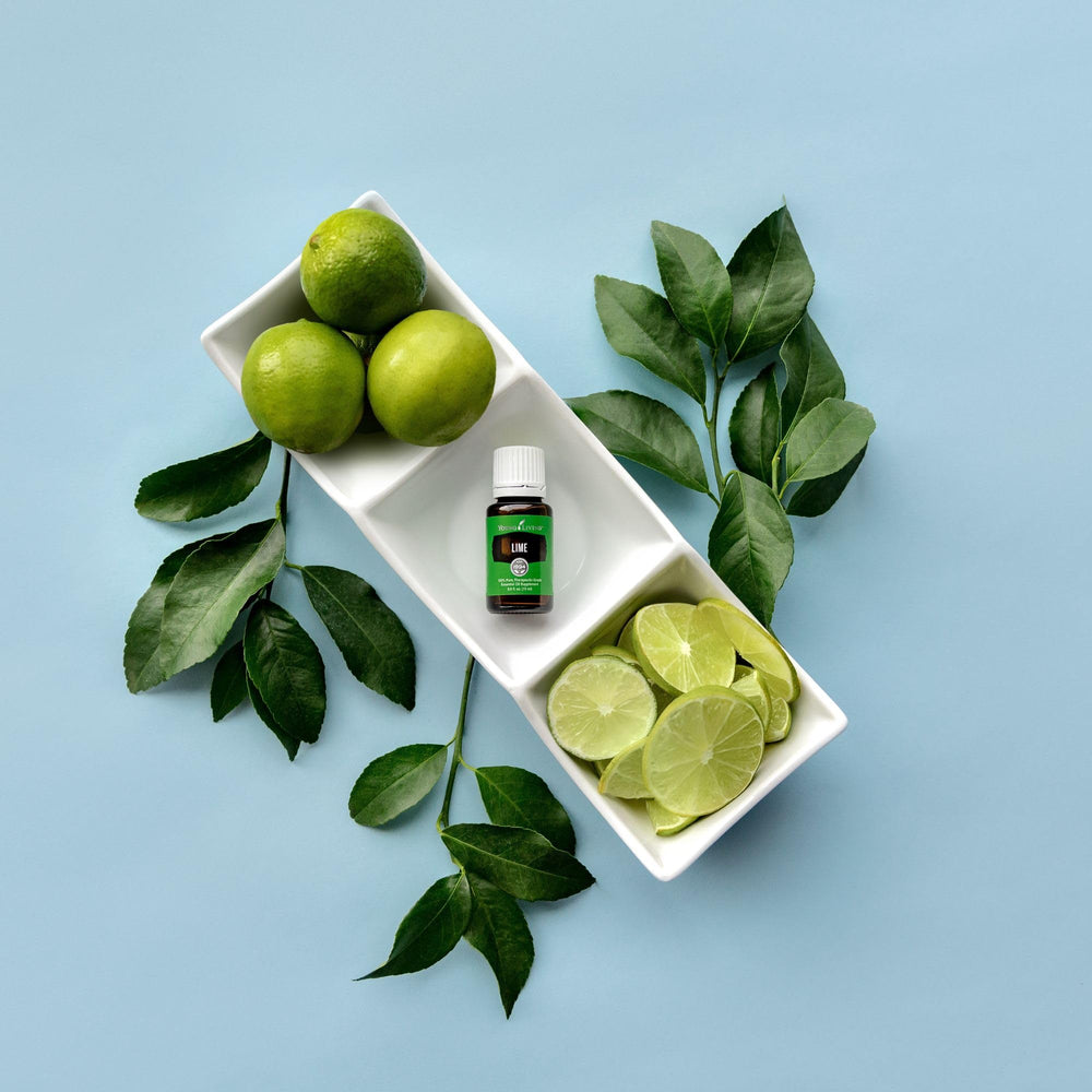 Label closeup of Young Living Lime oil showing purity notes.