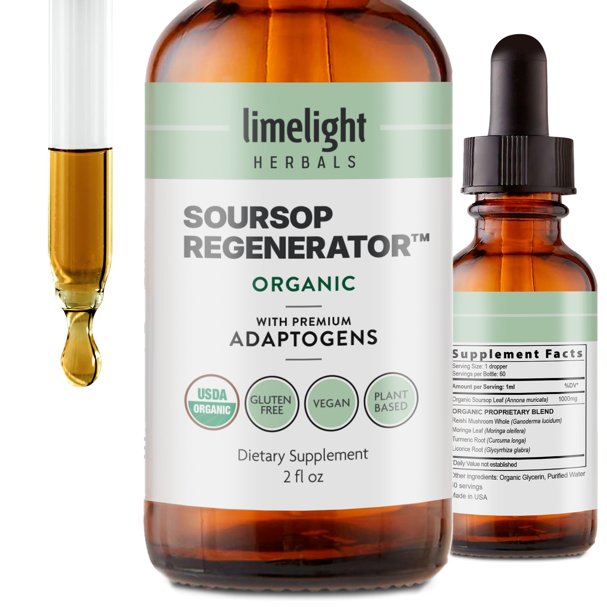 LIMELIGHT HERBALS Soursop Graviola bottle shows premium organic formula for daily wellness.