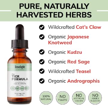 Limelight Herbals Tick Formula label close-up highlighting organic, wildcrafted ingredients.
