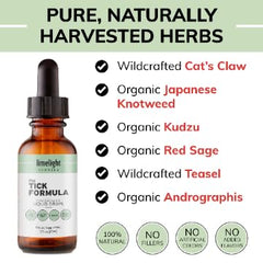 Limelight Herbals Tick Formula label close-up highlighting organic, wildcrafted ingredients.