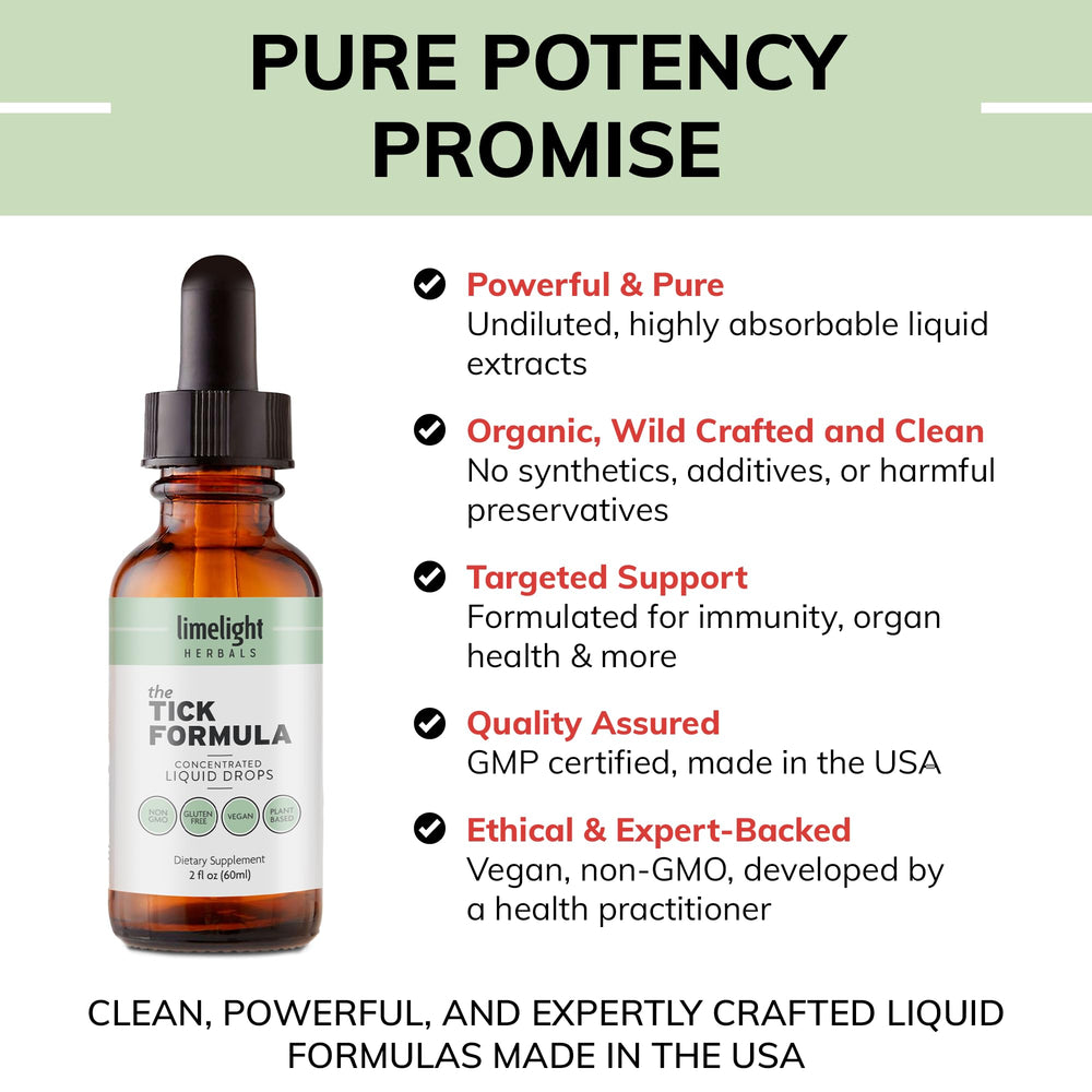 Limelight Herbals Tick Formula bottle in USA facility testing scene.