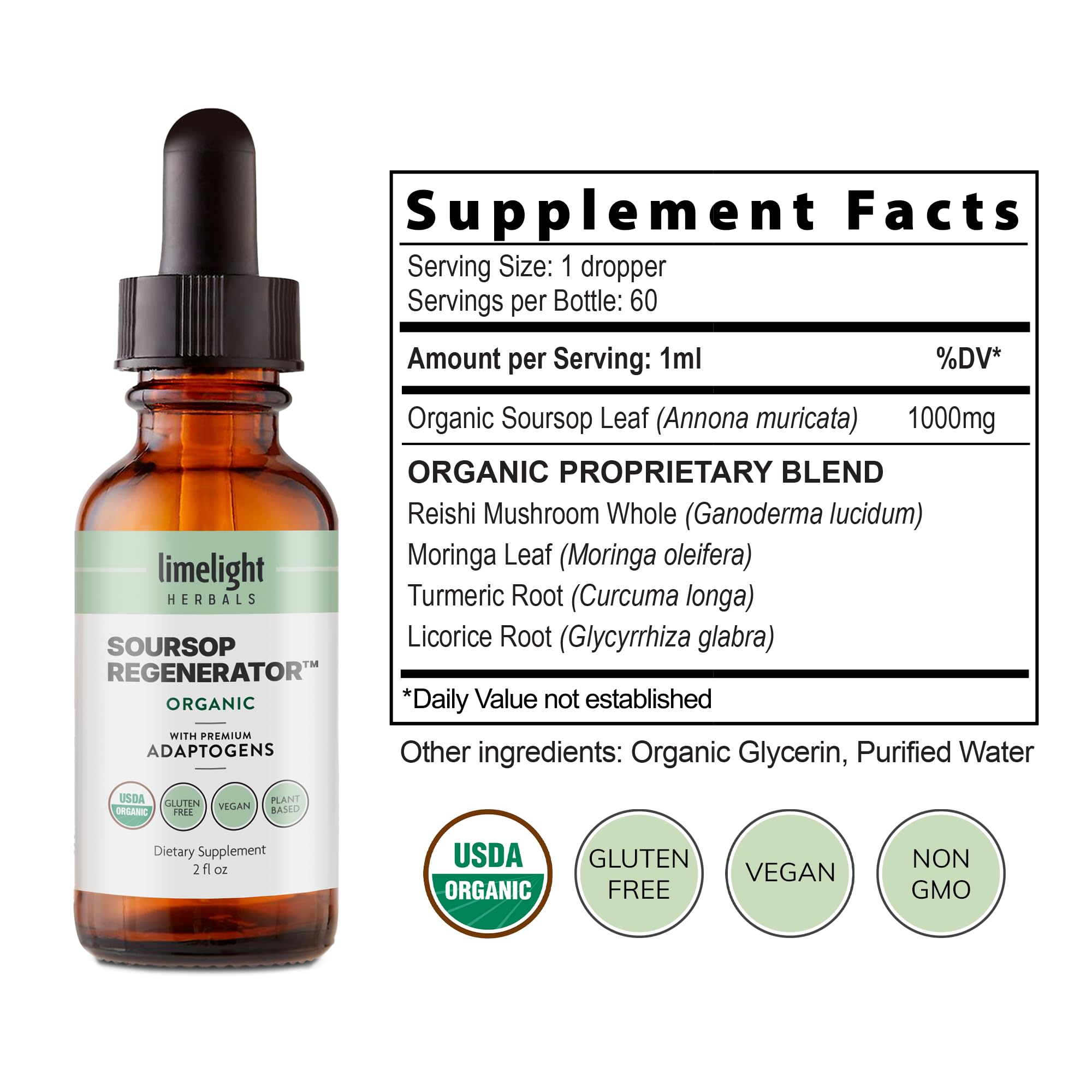 LIMELIGHT HERBALS Ingredient list shows vegan, non‑GMO, and organic ingredients.