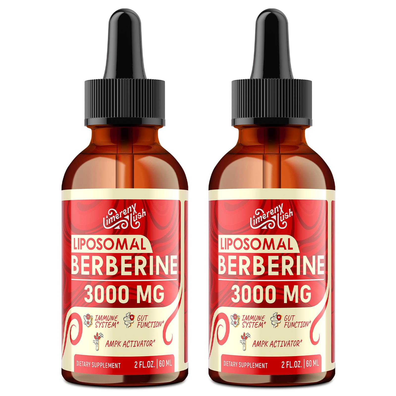 LimerenxLush Liposomal Berberine Drops bottle shows a premium wellness product for energy and balance.