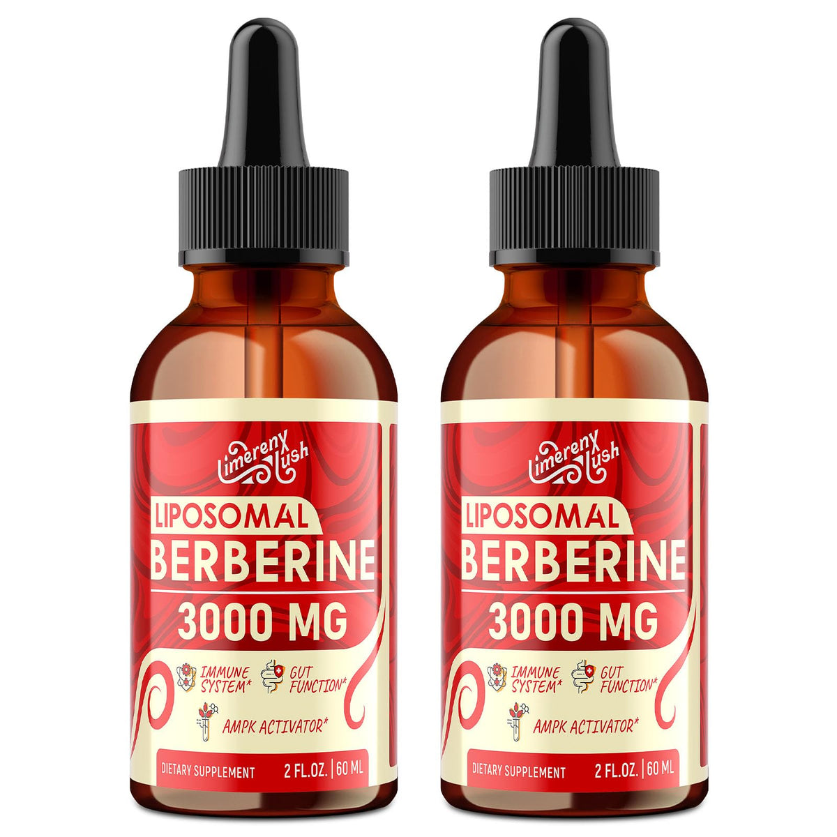 LimerenxLush Liposomal Berberine Drops bottle shows a premium wellness product for energy and balance.