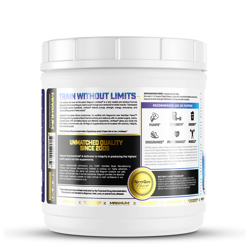 LIMITLESS Magnum Blue Raspberry Punch label highlights premium quality ingredients