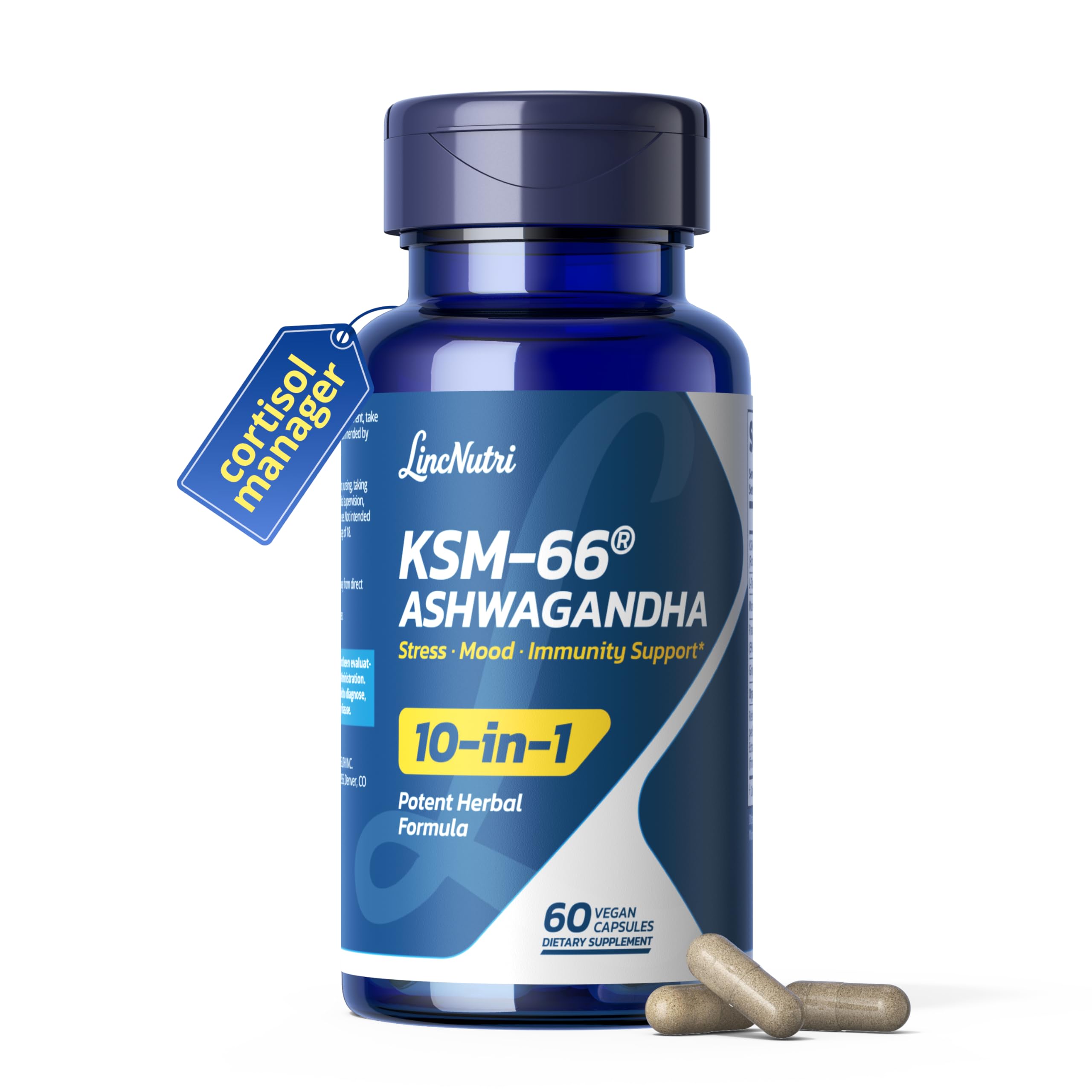 LincNutri KSM-66 Ashwagandha bottle showing 60 vegan capsules for daily calm and balance