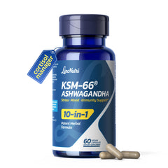 LincNutri KSM-66 Ashwagandha bottle showing 60 vegan capsules for daily calm and balance