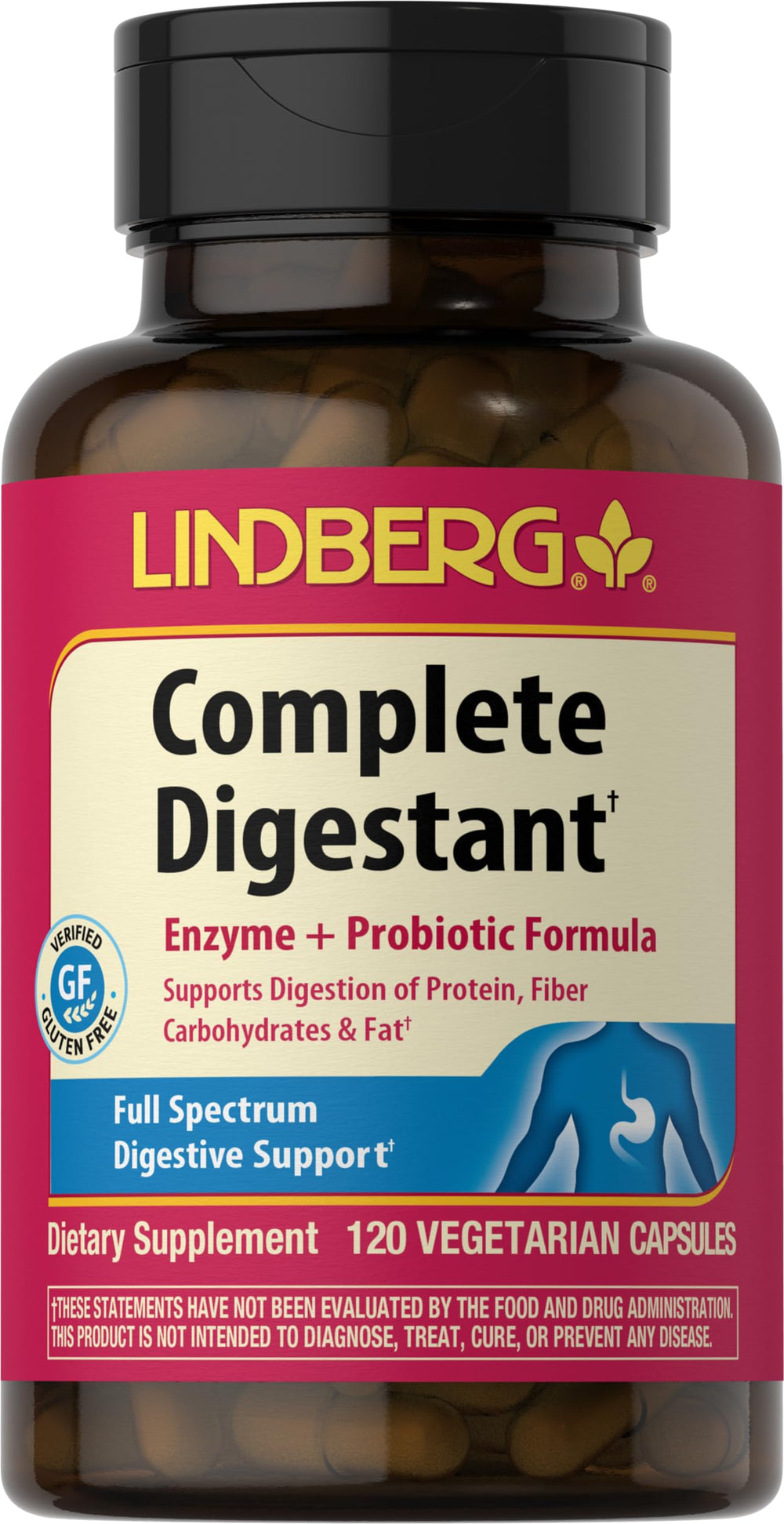 Lindberg Complete Digestant bottle front with capsules for digestive support.