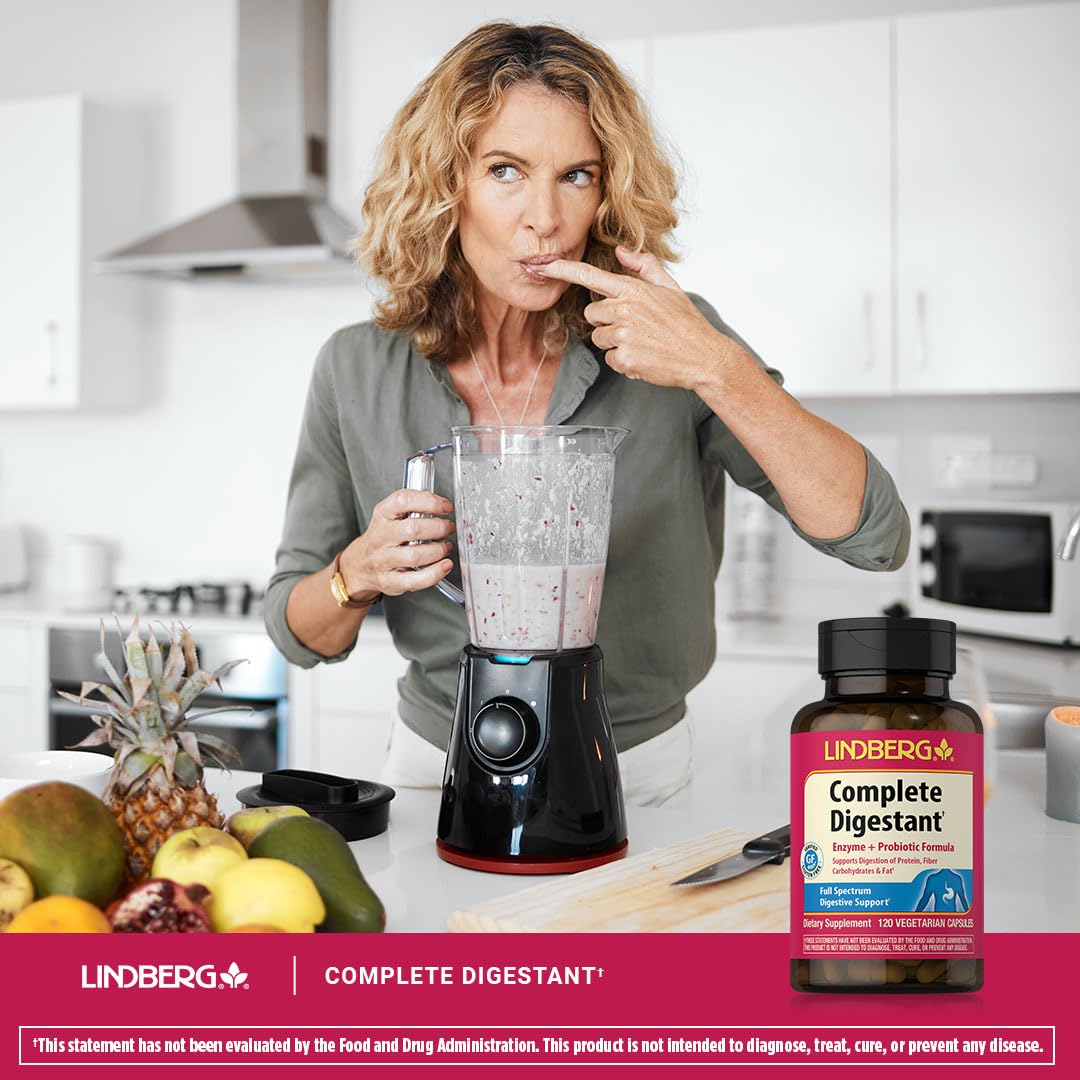 Lindberg Complete Digestant bottle with measuring spoon emphasizing dosage guidance.