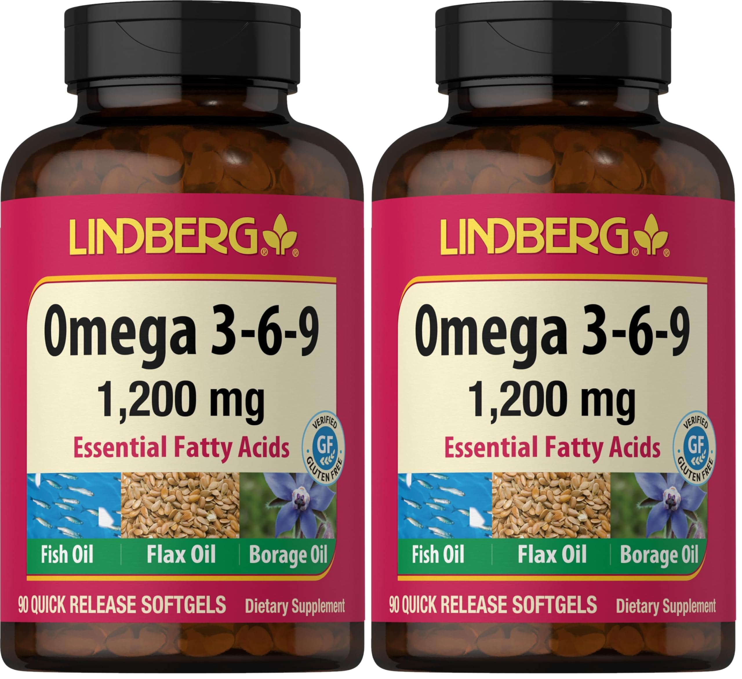 Lindberg Omega 3-6-9 softgels bottle with 90 count supporting daily fatty acids