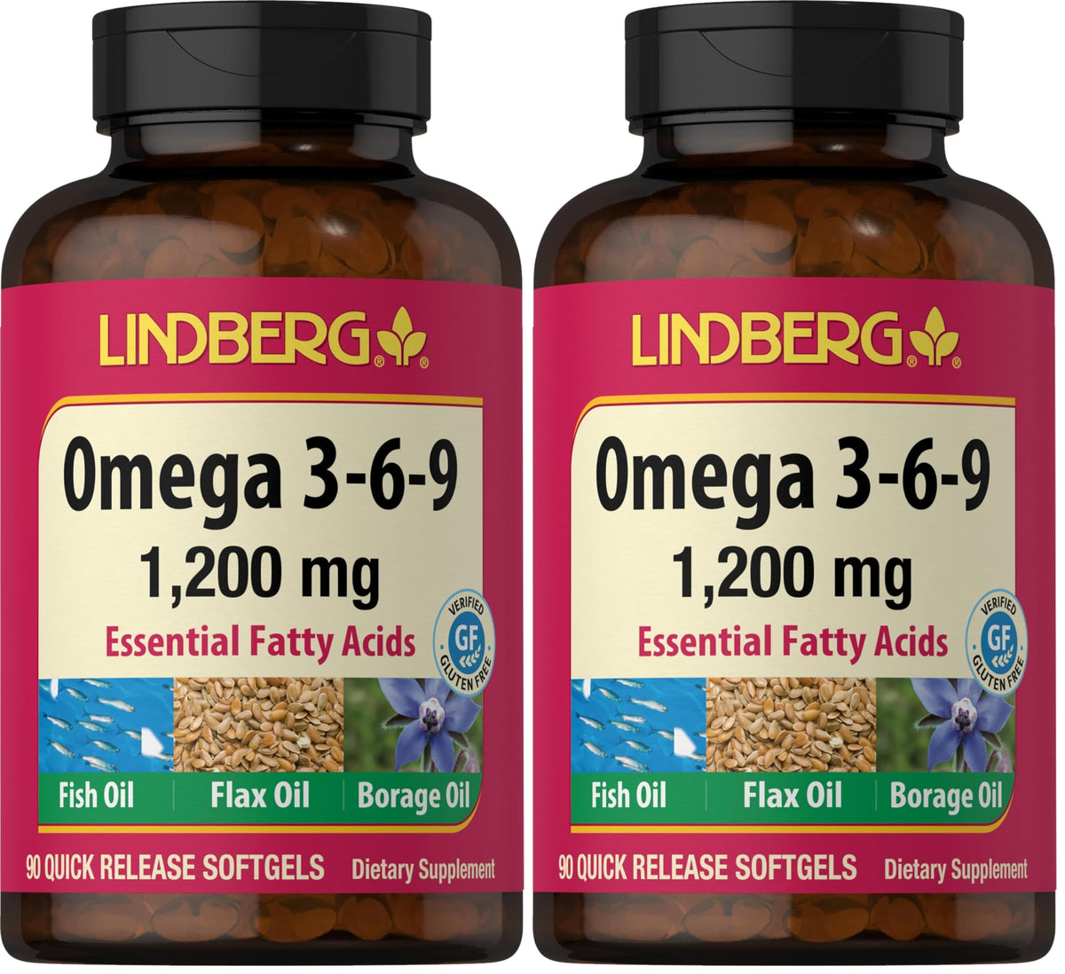 Lindberg Omega 3-6-9 softgels bottle with 90 count supporting daily fatty acids