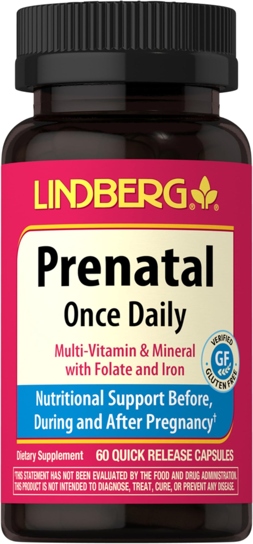 Lindberg Prenatal Vitamins bottle on the counter supports daily pregnancy nutrition with quick-release capsules.