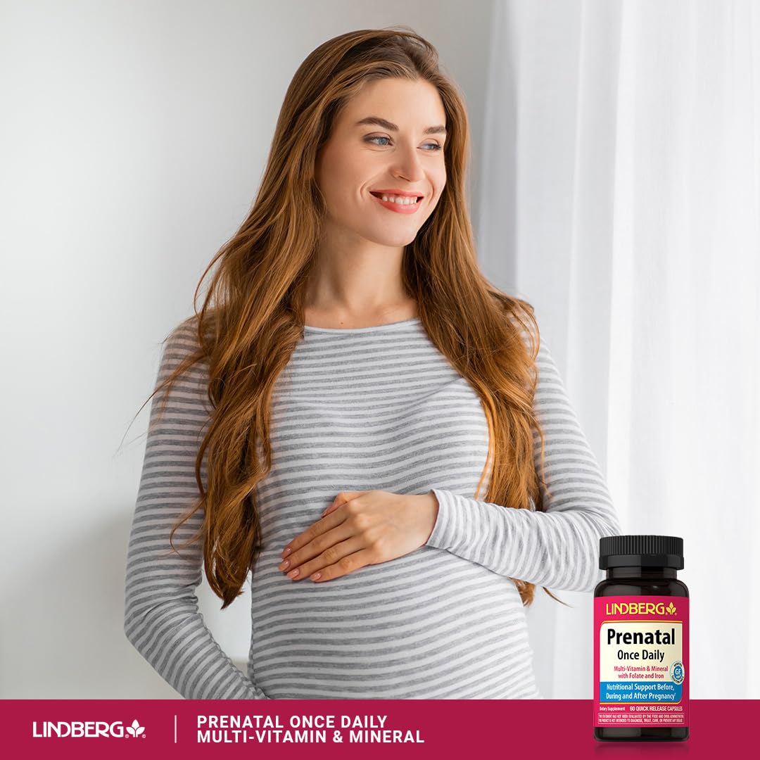 Lindberg Prenatal Vitamins bottle with morning setup reinforces consistent prenatal care.