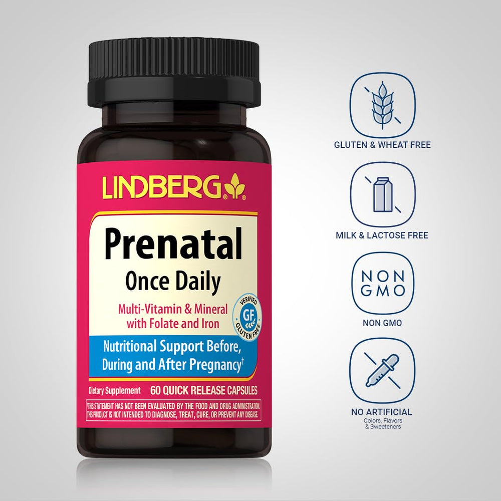 Lindberg Prenatal Vitamins gluten-free label emphasizes double-verified gluten-free formula.