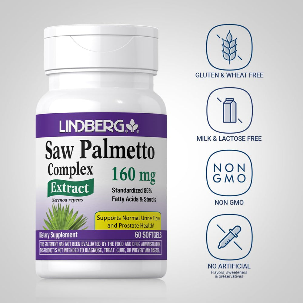 Lindberg Saw Palmetto Extract packaging box highlighting non-GMO and gluten-free formula