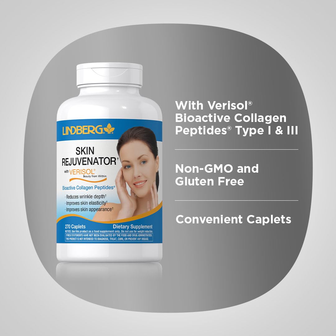 Lindberg Skin Rejuvenator label; Verisol dose per serving shown on bottle.