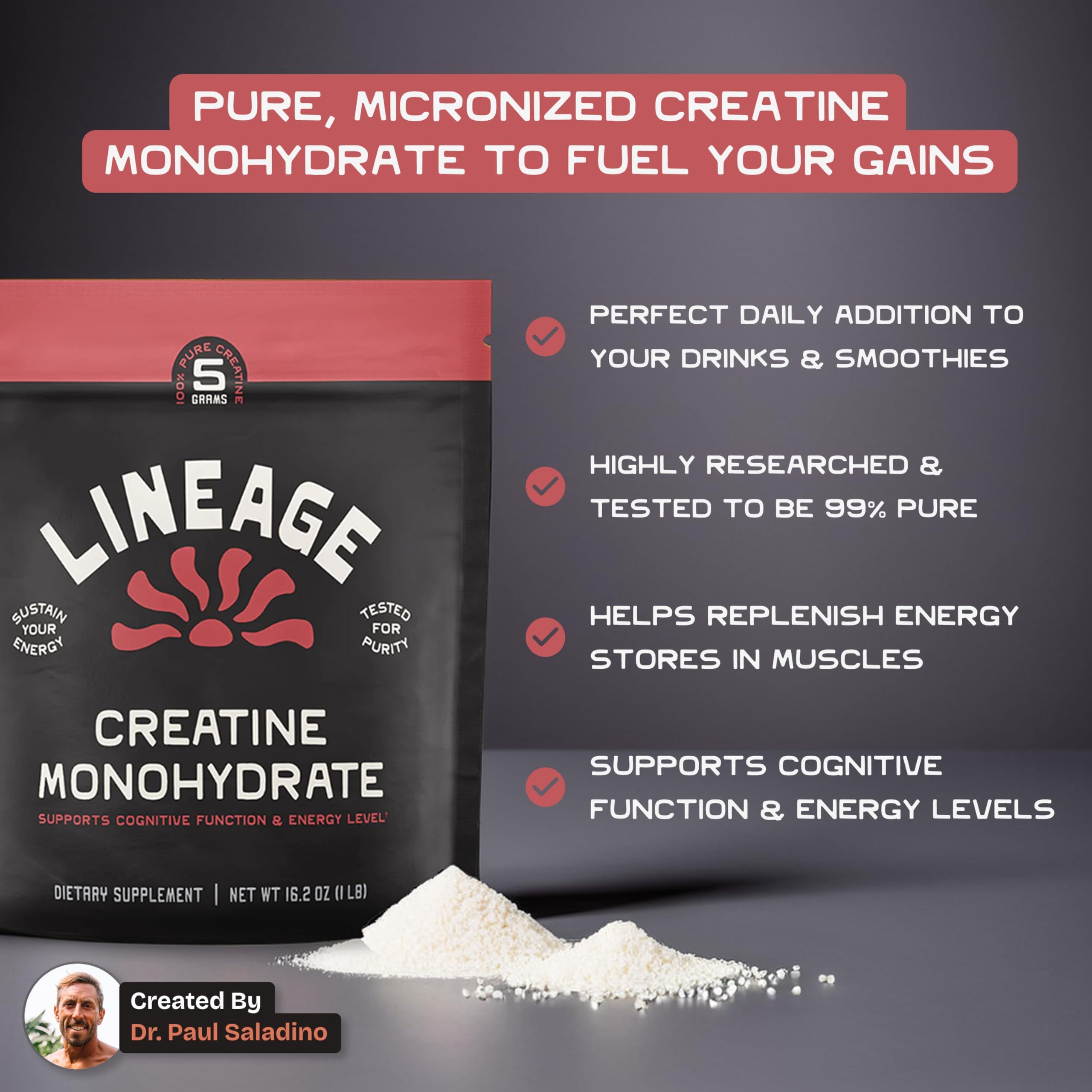 Lineage Provisions creatine powder scoop closeup shows fine texture for quick mixing