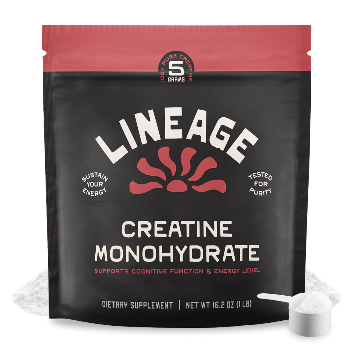 Lineage Provisions micronized creatine monohydrate bottle pour for easy dosing and reliability