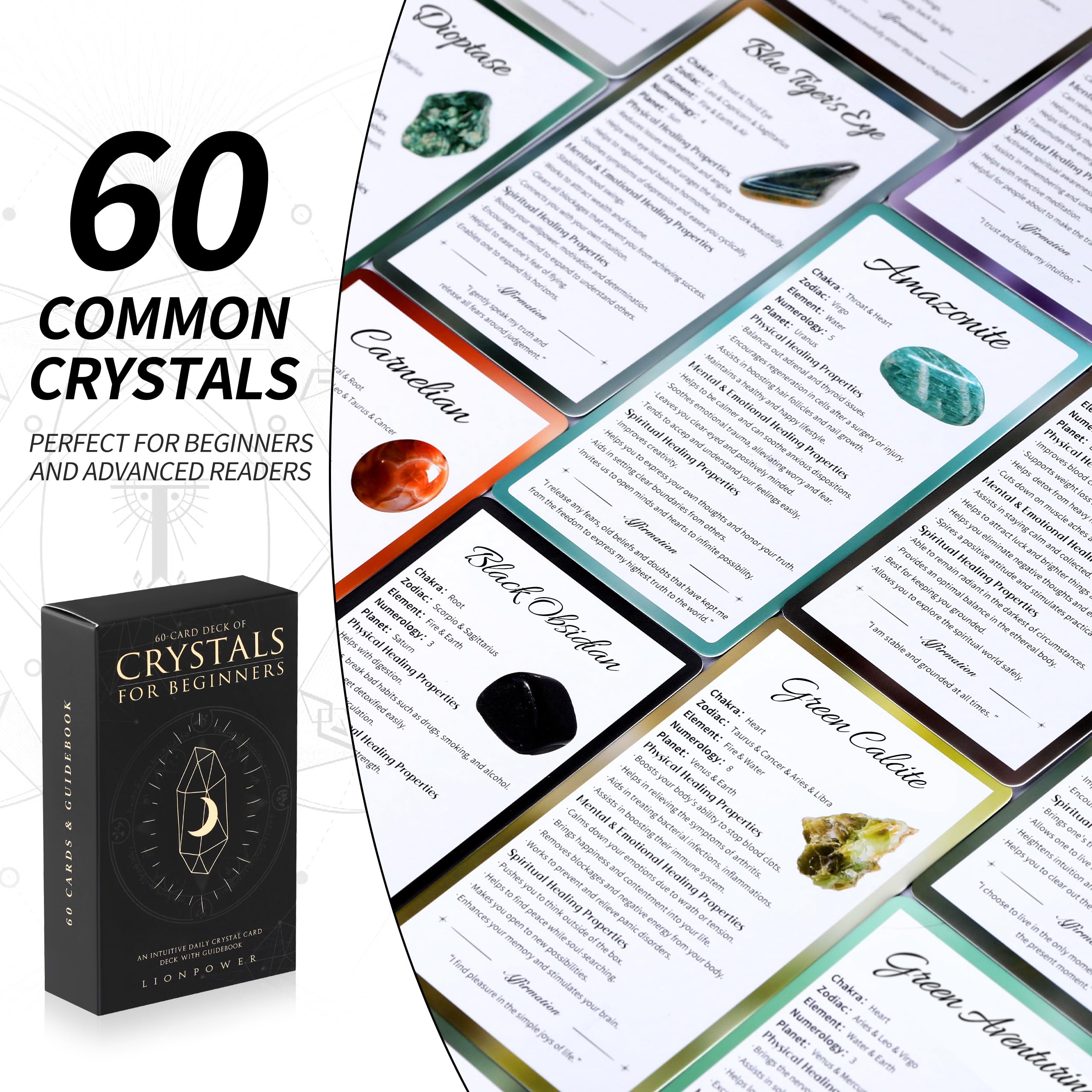 Lionpower crystal meaning on card highlights chakra, zodiac, and element links.